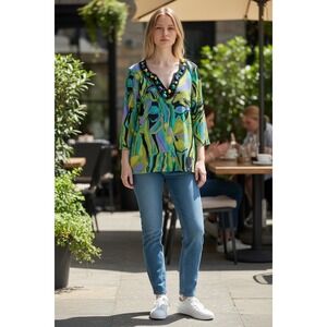 Collective Works of BEREK V Neck Beaded Abstract Print Tunic 3/4 Sleeve Women L